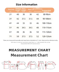 Detailed size chart for kids cartoon set showing measurements for ages 2Y to 7Y in cm