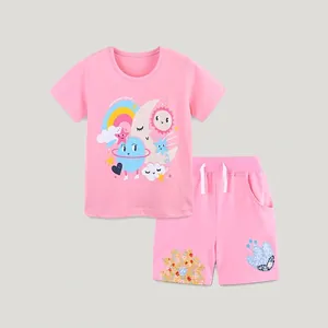 Girls Summer Cotton T-Shirt And Shorts Pink Cartoon Rainbow Print Short Sleeve Top Elastic Waist Shorts Casual Kids Outfit