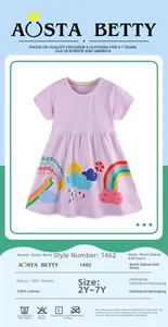 Detail specifications of lavender cotton girls dress with colorful cartoon print