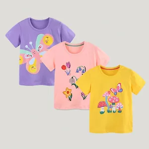 T-Shirt en Coton pour Filles Imprimé Cartoon Papillon Champignon Fleur Design Été Col Rond Manches Courtes Top pour Enfants