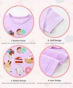 Detail view of cotton t-shirt collar and colorful dessert print with durable stitching