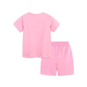 Girl's summer two-piece cotton short sleeve t-shirt and shorts set in pastel pink