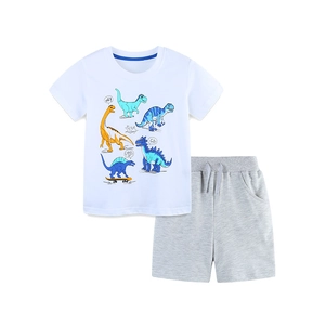 Kids summer cotton set with cartoon dinosaur print T-shirt and grey drawstring shorts