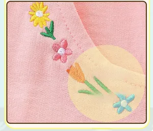 Detail of pink cotton fabric featuring high-quality floral daisy embroidery patterns