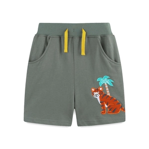 Short d'été en coton vert foncé pour garçons avec broderie tigre et cordon jaune vif