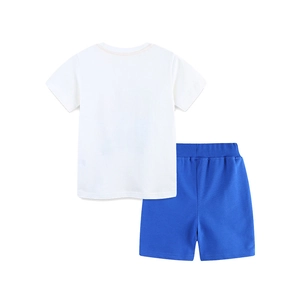 Back view of kids summer set featuring a white cotton T-shirt and blue elastic shorts