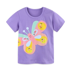 T-shirt fille en coton violet avec imprimé papillon fleuri coloré présenté à plat