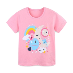 Pink short sleeve girl t-shirt with Sleep Over Squad rainbow and star cartoon prints