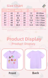 Size chart table for girls cotton t-shirt with cartoon dessert prints 2Y to 7Y
