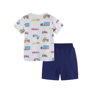 Zomershortset voor jongens met grijs T-shirt met autoprint en donkerblauwe broek