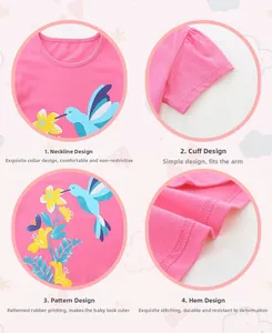 Detailed close-up of girls' pink cotton T-shirt featuring hummingbird and floral prints