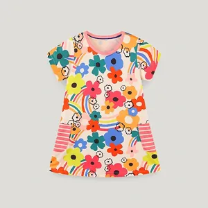 Girls Summer Short Sleeve Floral Dress Polyester Spandex Soft A-Line Princess Dress With Rainbow Pockets For Toddler