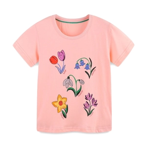 T-shirt rose en coton pour filles avec imprimés fleurs de dessin animé et col rond classique