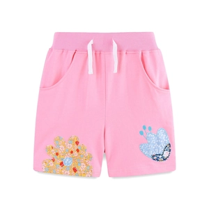 Girls pink cotton shorts with elastic waistband drawstring and floral patchwork detail