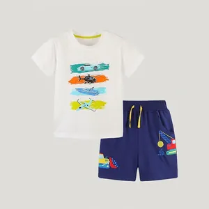Boys Cotton Summer Short Sleeve T-Shirt And Shorts Clothing Set Cartoon Vehicle Vehicle Print Casual Western Style Kids Outfit