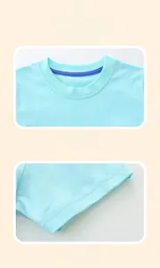 Detail view of the neckline and double-stitched cuffs on a light blue knit cotton T-shirt