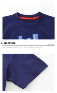 Detail of crew neckline with red reinforcement tape on navy blue boys t-shirt