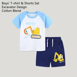 Kleinkind Jungen Sommer Baumwolle Kurzarm Bagger Druck T-Shirt Und Shorts Set Western Stil Kinder Freizeitkleidung