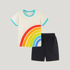 Set di T-Shirt in Cotone a Maniche Corte e Pantaloncini da Ragazzo Con Stampa Rainbow Cartoon Abbigliamento Estivo Casual