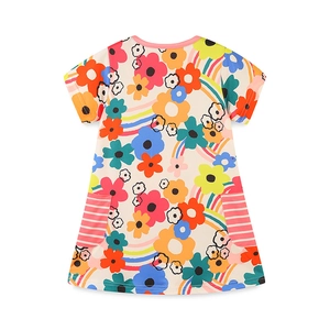 Girls' short sleeve A-line dress with sunflower and rainbow prints and pink striped pockets