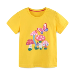 Camiseta amarilla de algodón para niña con estampado de setas de dibujos animados y mariposa
