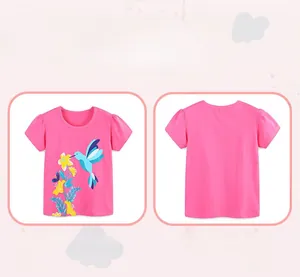 Front and back view of girls' pink T-shirt featuring hummingbird and floral prints
