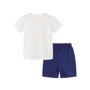 Kids summer cotton set with white t-shirt and navy blue shorts featuring car print
