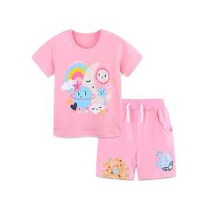 Pink cotton summer pajama set for girls with rainbow print and drawstring shorts