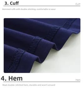 Detail of double-needle stitching on navy blue knit sleeves and hem for kids summer set