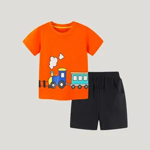 Boys Summer Cotton 2-Piece Set Cartoon Train Print Orange Short Sleeve T-Shirt And Black Shorts Casual Kids Outfit