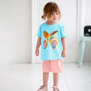 Girls Summer Cotton Set Butterfly Print Short Sleeve T-Shirt and Floral Embroidered Shorts Two Piece Casual Outfit