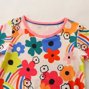 Short sleeve girls' floral dress with vibrant flower print and colorful rainbow patterns