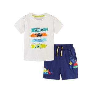Boys summer cotton set with transport vehicle print t-shirt and navy drawstring shorts