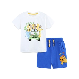 Kids summer two-piece safari set with white animal print t-shirt and blue elastic shorts