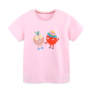 Rosa kurzärmeliges Kinder-T-Shirt aus Baumwolle mit süßen Erdbeer-Pfirsich-Motiven