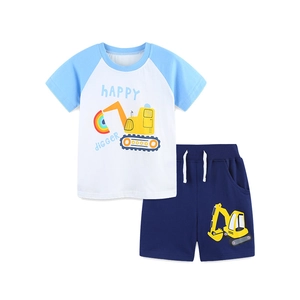 Sommer-Set für Jungen mit blauen Raglanärmeln und Bagger-Print aus Baumwolle für Kleinkinder