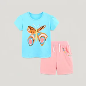 Girls' summer set with sky blue butterfly print T-shirt and pink drawstring shorts