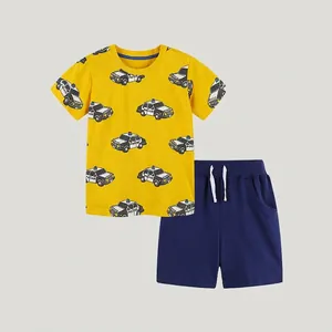 Ensemble T-Shirt et Short en Coton pour Garçons Été Col Rond Manches Courtes Haut avec Cordon de Serrage Imprimé Voiture