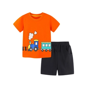 Kids orange short sleeve cotton set with cartoon train print and black drawstring shorts
