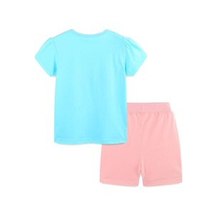 Girls summer knit cotton set with sky blue puff sleeve T-shirt and pink drawstring shorts