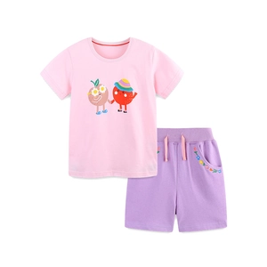 Kinder Sommer Baumwollset mit rosa Cartoon T-Shirt und lila Shorts mit Blumenstickerei
