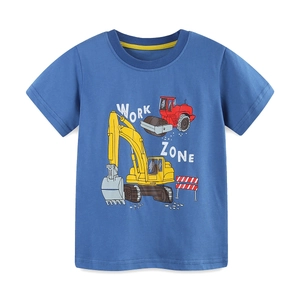 Toddler boys blue cotton t-shirt featuring cartoon construction truck and work zone prints