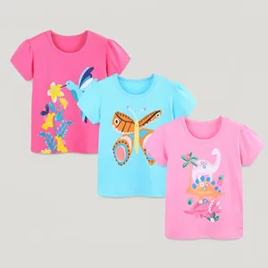 Girls Summer Cotton T-Shirt Set Cartoon Hummingbird Butterfly Dinosaur Print Short Puff Sleeve Crew Neck Daily Kids Top