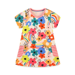 Girls short sleeve A-line dress with colorful floral print and rainbow patterns