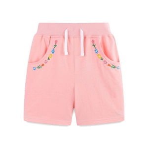Girl's pink cotton shorts with elastic drawstring waist and colorful floral embroidery