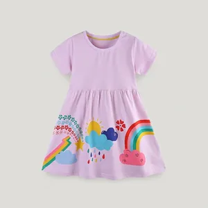 Girls Cotton Short Sleeve Dress Fashion Cartoon Rainbow Print Lavender Purple Casual Princess Summer Dress For Toddler