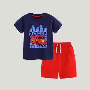 Boys Summer Cotton Outfit Short Sleeve T-Shirt And Shorts Rescue Team Fire Truck Print Toddler Casual Two-Piece Clothing