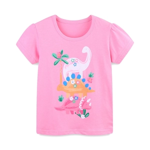 Pink cotton t-shirt for girls featuring a cute colorful cartoon dinosaur print pattern