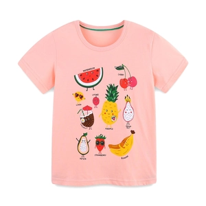 Pink girls' cotton T-shirt featuring vibrant cartoon fruit prints for summer fashion