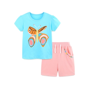 Kids summer outfit with blue butterfly print t-shirt and pink floral embroidery shorts